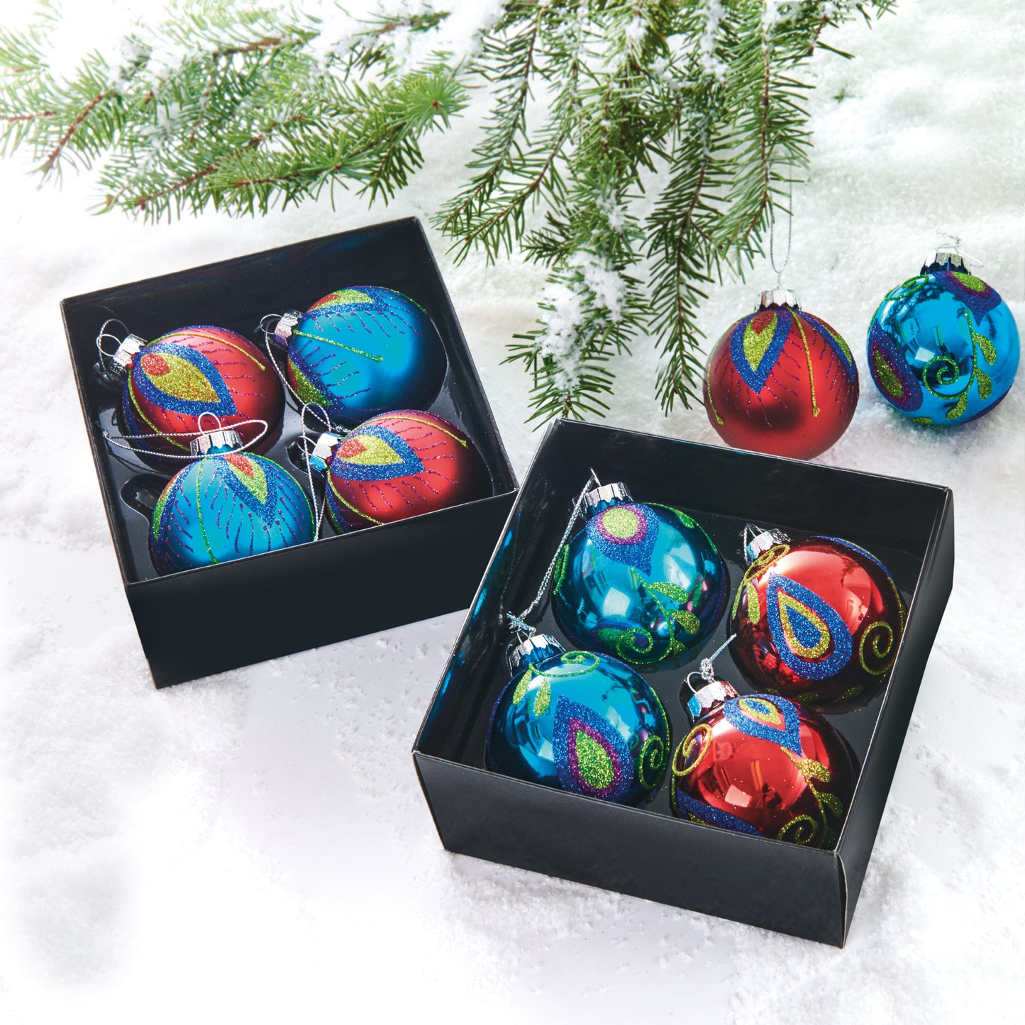 JULETREKULER I PÅFUGLMØNSTER, 4 pk